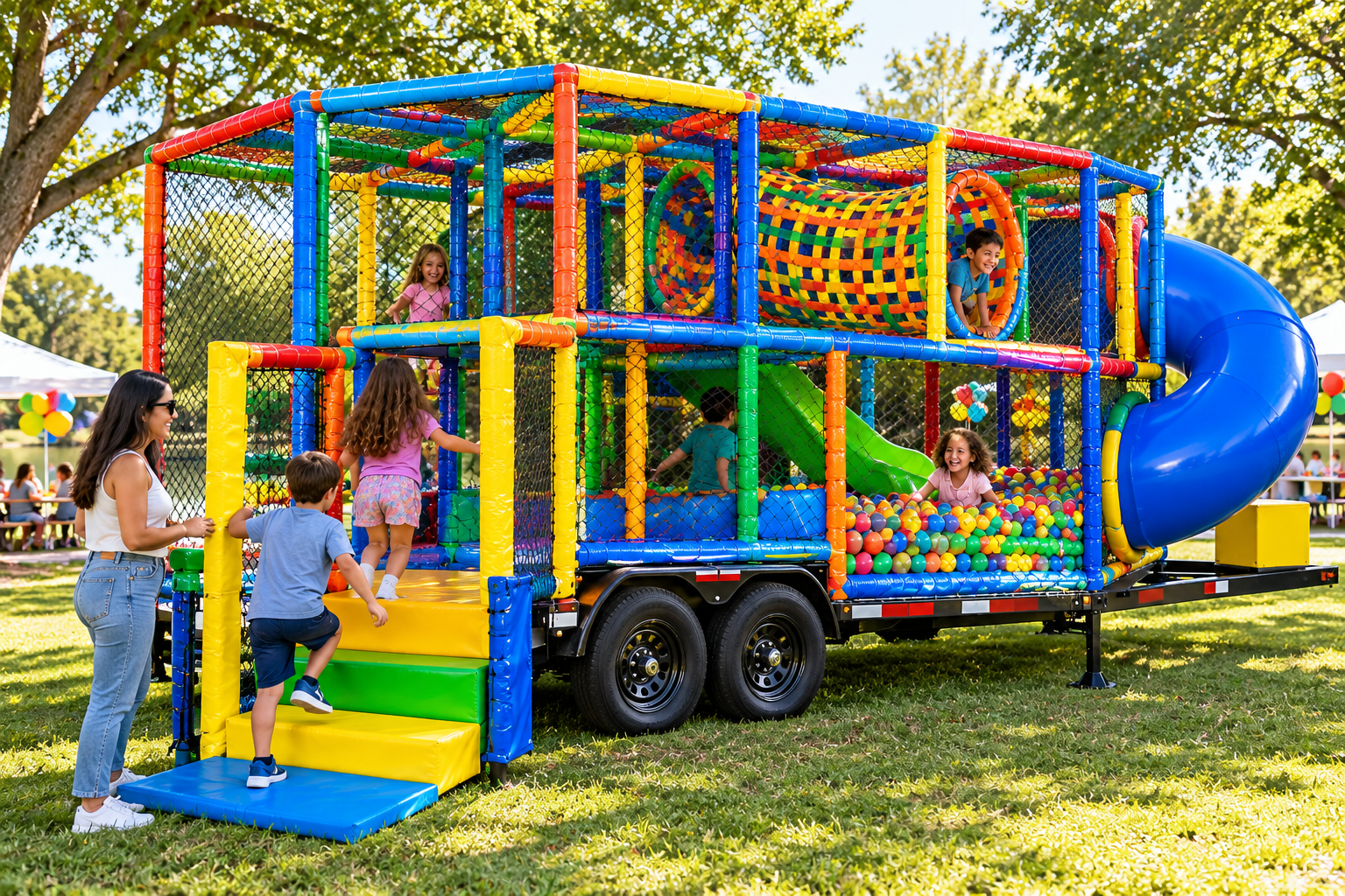 Carretinha Kid Play com tobogã e piscina de bolinhas em evento ao ar livre